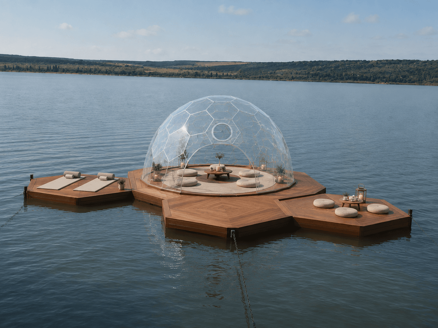 Concept visualization of a floating platform on calm open water: four connected hexagonal timber decks carry a transparent geodesic dome furnished with round floor cushions, a low table and candles, while the adjoining decks hold lounge mats, potted plants and a lantern, with a wooded shoreline in the distance.
